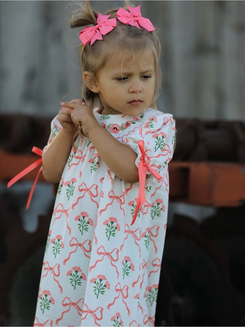 Rylee Faith Designs Spring Floral Smocking Embroidery Bow Girls Dress